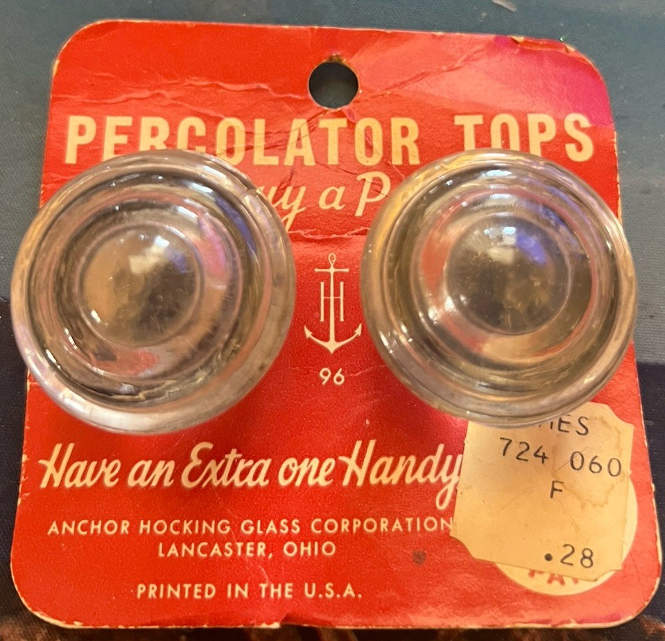 Vintage Pair Anchor Hocking Glass Coffee Percolator Top on Original Card New Old