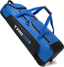 Baseball Bag with Wheels for 4 Bats,Soft Rolling With Blue/Blk 