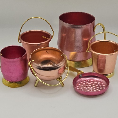 6 Vintage Miniature Kitchen Doll Teaset Items Pink Anodised Aluminium Retro 60s - Picture 24 of 24