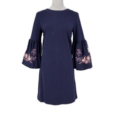 Loft Dress Womens Small Navy Blue Embroidered Bell Slv Stretch Cotton Knit New