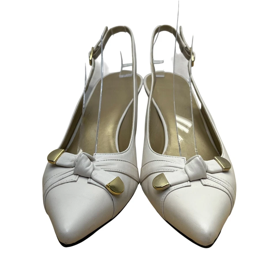 Stuart Weitzman Women’s White Leather Gold Tips Slingback Kitten Heels Size 8.5N - Image 2 of 4