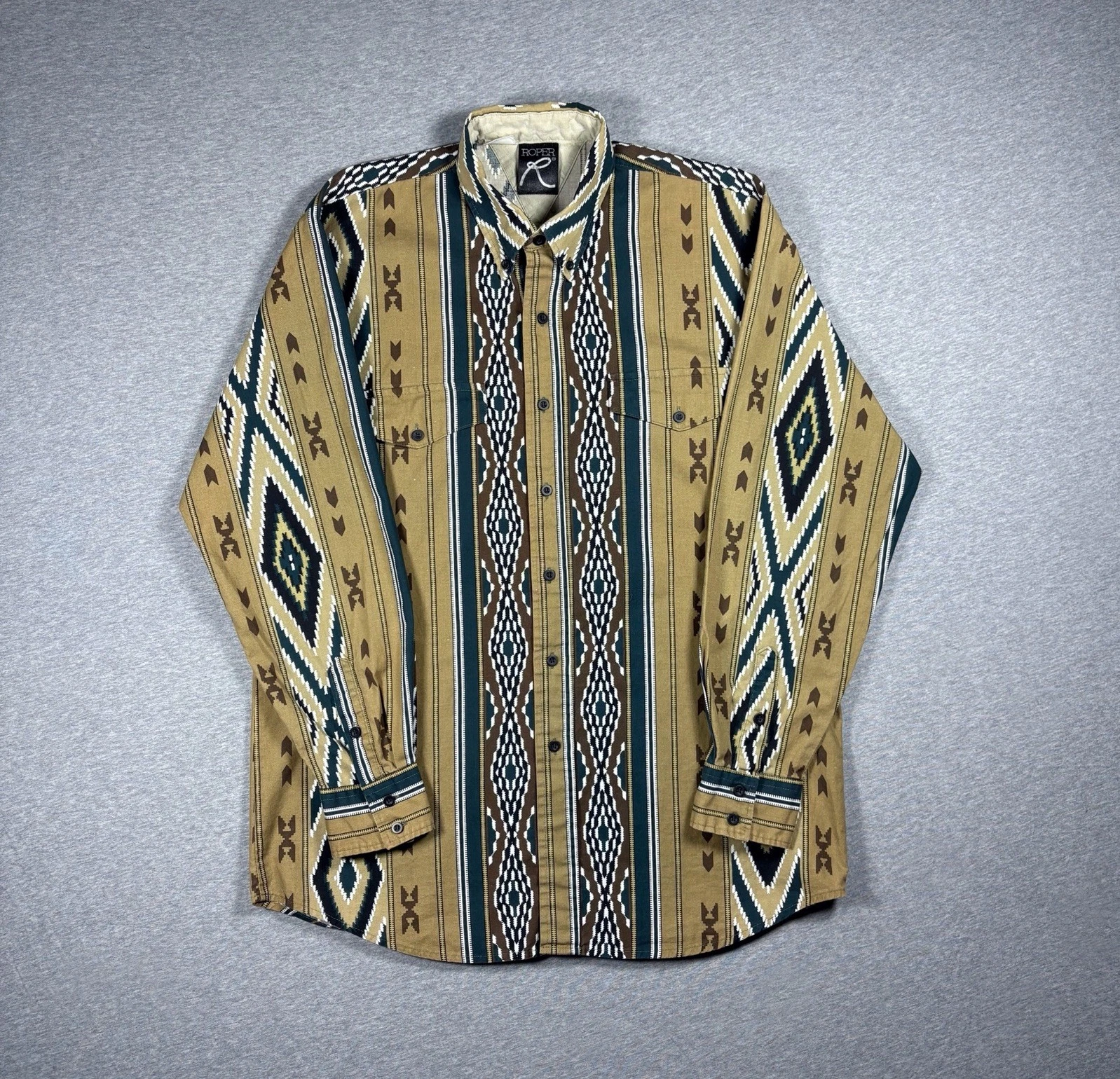 Vintage Roper Western Button Up Shirt Mens XL Tan Aztec Geometric Cowboy 90s USA