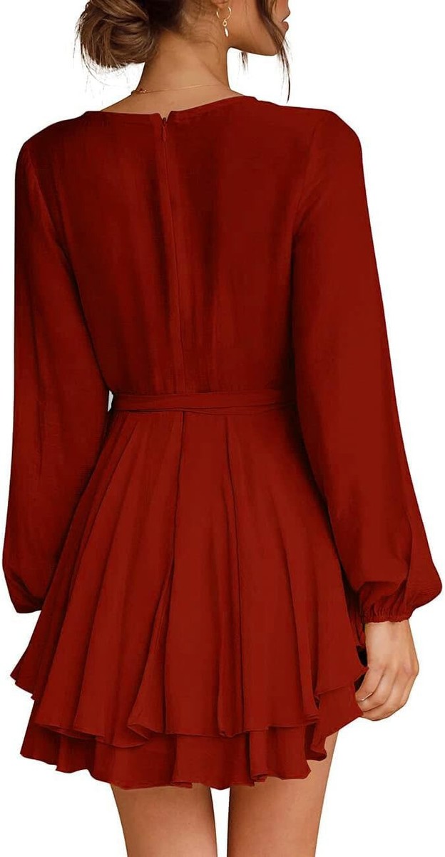flutter away layered skater dress NWOT $40 sz M BURGUNDY Flybony Womens Long Sleeve V Neck Ruffle beach outfit