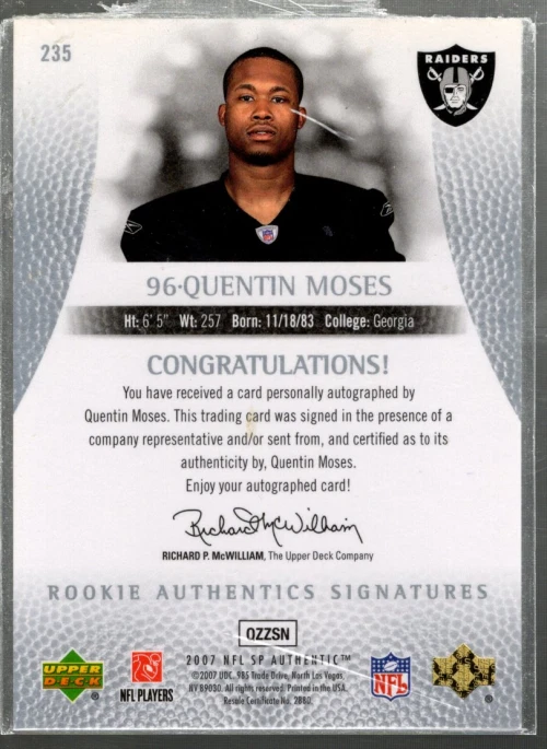 B0364- 2007 SP Authentic #235 Quentin Moses RC Auto /999 - NM-MT - Image 2 of 2
