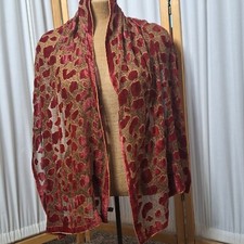Vtg Silk Viscose Scarf Wrap Neckerchief Floral Shear Velvet Burnout Burgundy