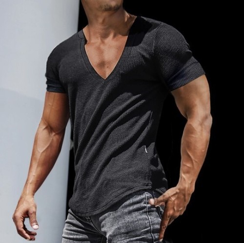 Herren Freizeit Kurzarm T-Shirt Slim Sport Fitness V-Ausschnitt Muskel Pullover Tops - Bild 8 von 29
