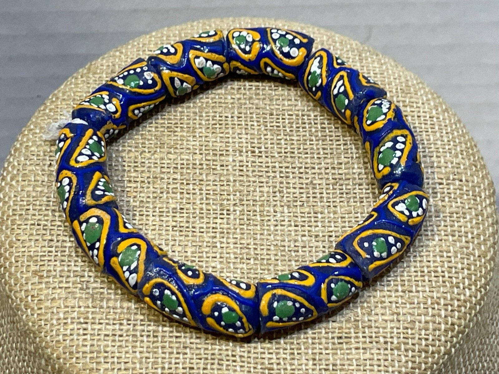 ARTISAN HAND MADE BEADS FIMO CLAY BAKED BLUE GREEN STRETCH BRACELET ART PRETTY