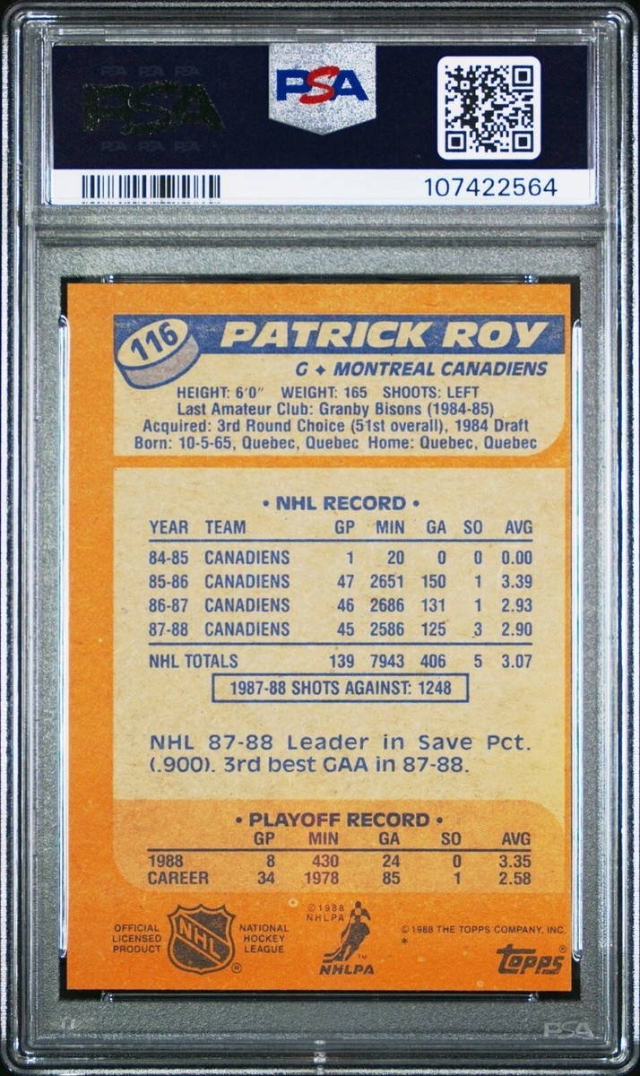 1988 TOPPS #116 PATRICK ROY PSA 8 NM-MINT Montreal Canadians