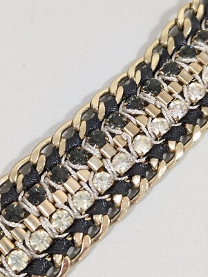 Gold Tone Clear Smokey Rhinestone Tennis Chain Link Black Snap Cuff Bracelet