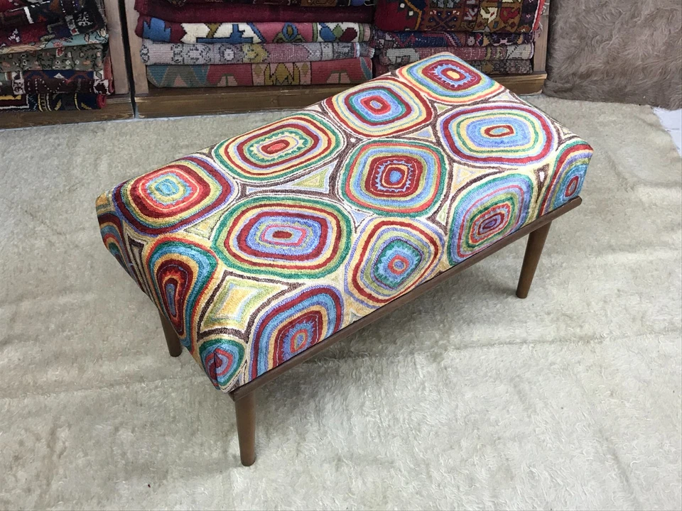 Handmade Kilim Upholstered Ottoman Footstool Piano Entryway Bedroom Bench - Image 2 of 4