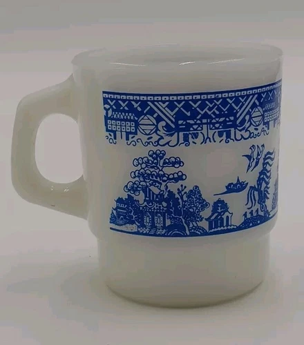 FIRE KING ANCHOR/HOCKING BLUE WILLOW COFFEE MUG-CUP-VINTAGE MILK GLASS