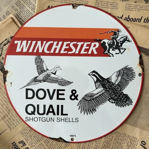 VINTAGE 1971 WINCHESTER DOVE & QUAIL SHOTGUN SHELL 12 INCH PORCELAIN ENAMEL SIGN