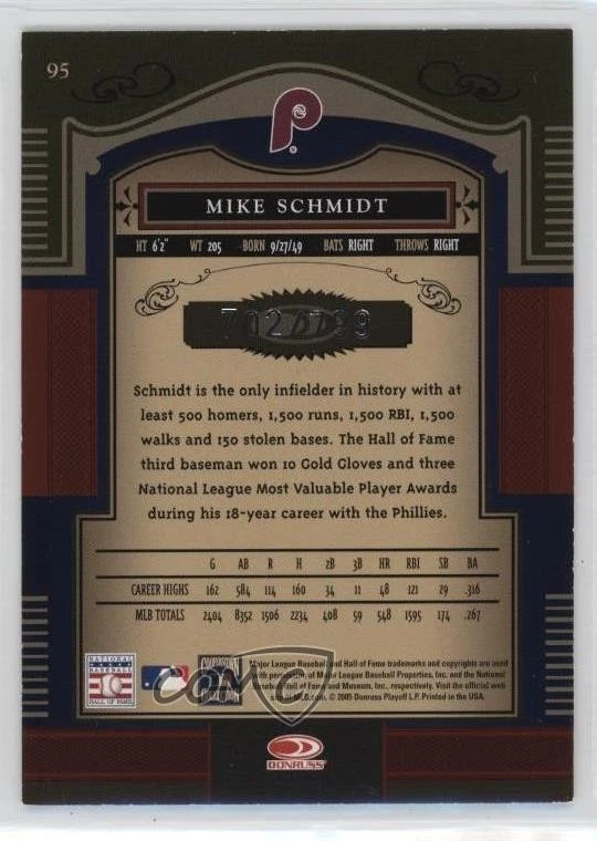 2005 Donruss Timeless Treasures /799 Mike Schmidt #95 HOF - Image 2 of 2