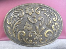 Vintage W Oval Solid Brass Engraved Western Floral Plumes Belt Buckle 3.5"