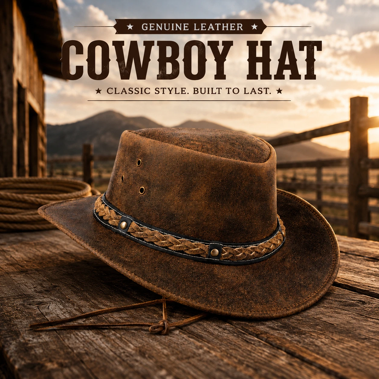 100% Real Leather Cowboy Hat Wide Brim Men's & Women's Australian Western Style