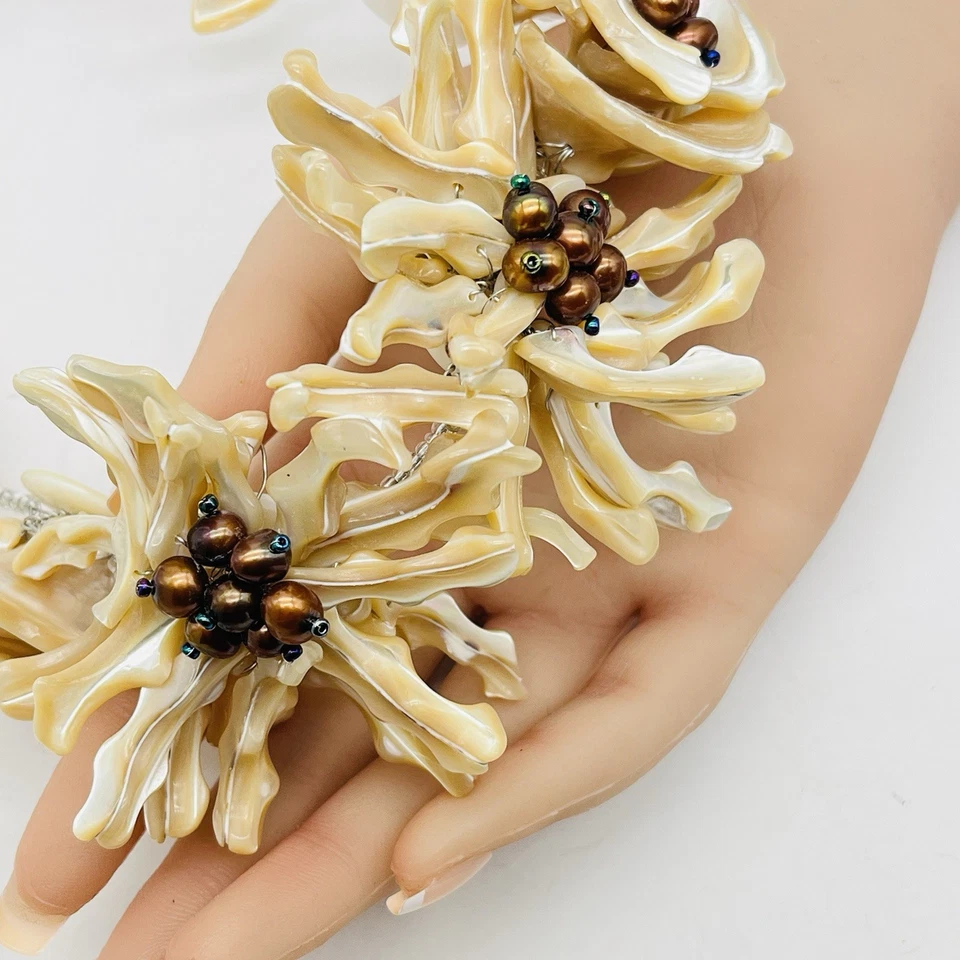 HUGE Artisan Mother of Pearl Statement Necklace Freshwater Pearl Shell Bib - Image 4 of 4