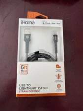 NEW iHome 6ft USB-A Cable Nylon Braided iPhone iPad Black IHCT1038B-OD