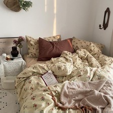 Yellowish Beige  Red Floral Duvet Cover Set Queen Size - 3 Piece Vintage