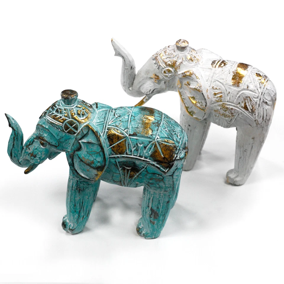 Holz Deko Antike Elefant Handgeschnitzte Figur Vintage Sammlerstück Blau Weiß - Bild 1 von 1