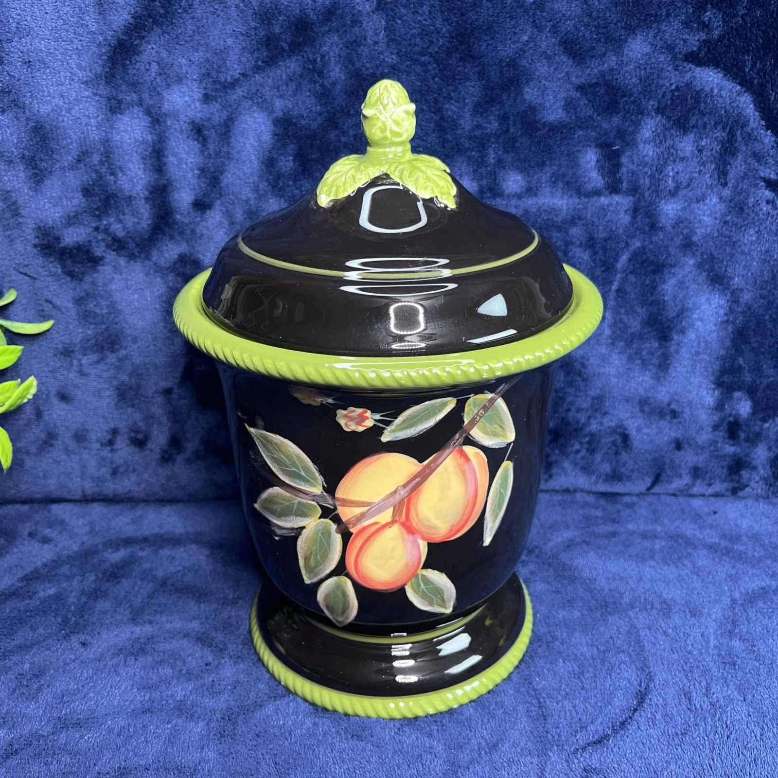 Midnight Orchard Canister Black Ceramic Peaches Green Trim Medium 64 oz