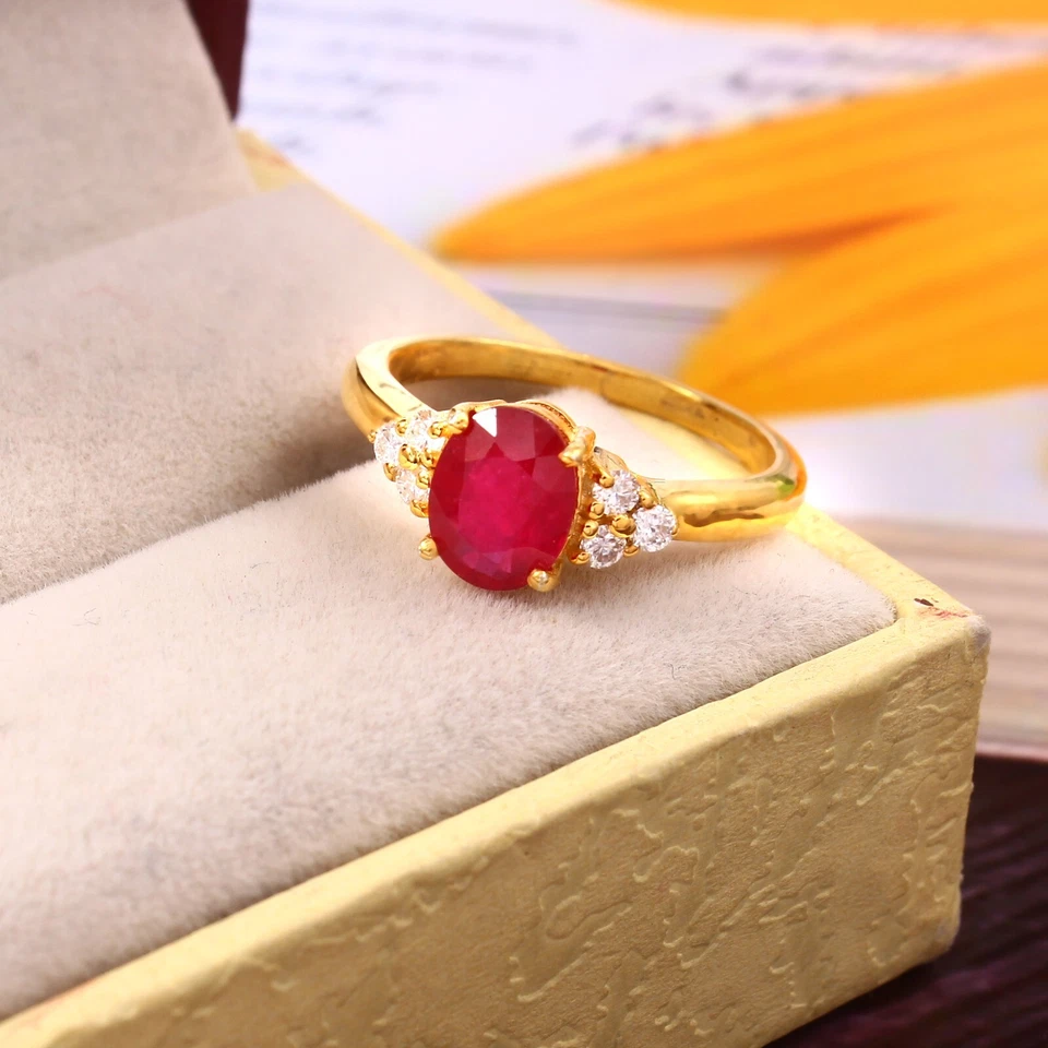 Anillo Rubí Natural-Relleno Oro Amarillo 14k-Anillo Hecho a Mano-Anillo Apilable-Anillo Mujer. Foto 2 de 3