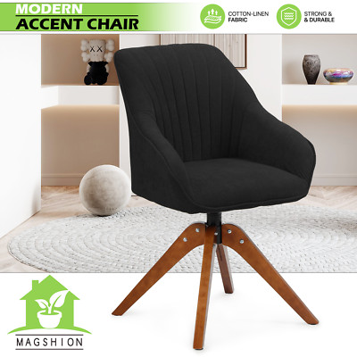 Black Swivel Accent Chair Modern Home Office Upholstered Armchair Base&Wood Legs