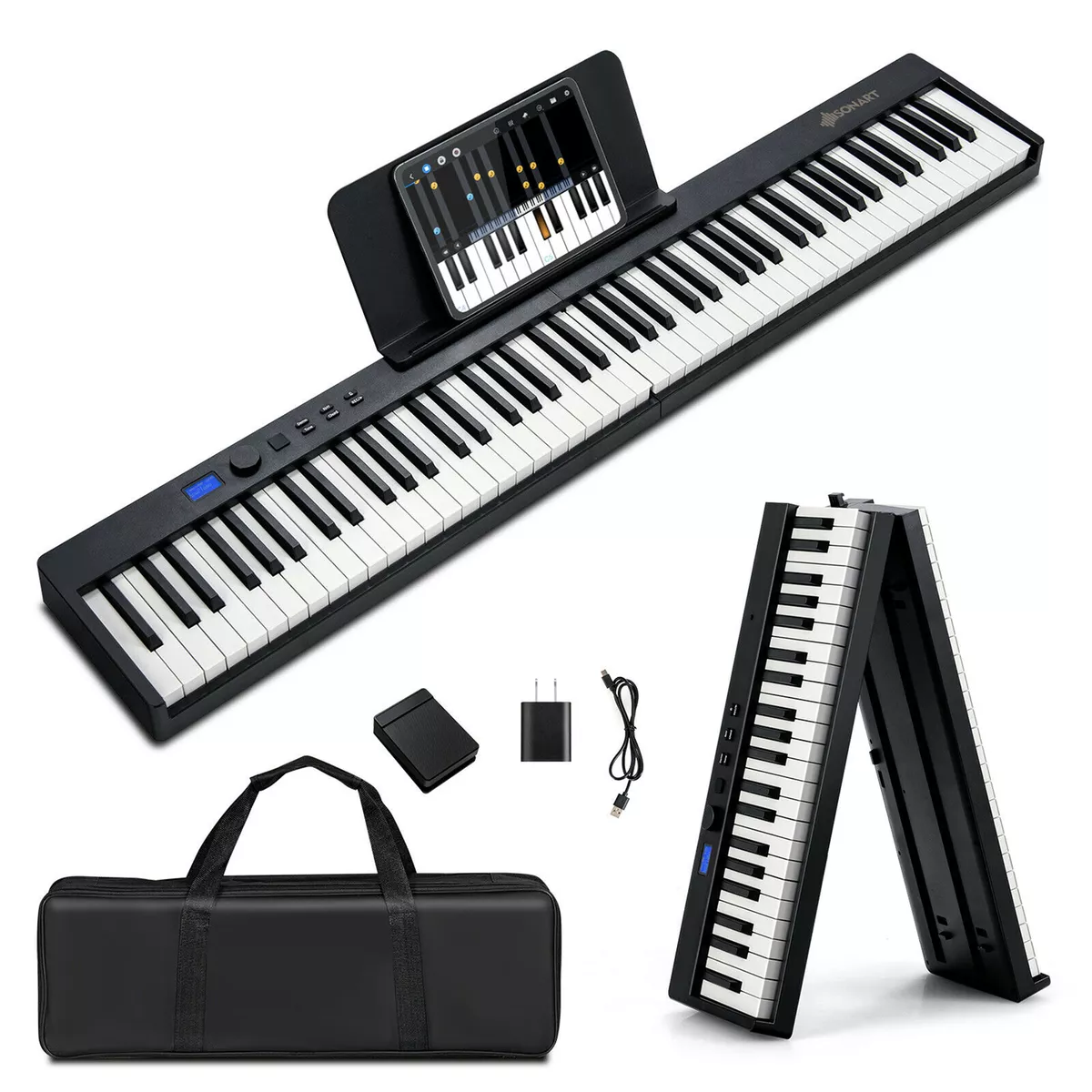 88-Key Folding Electric Piano Keyboard Semi Weighted Full Size MIDI Black