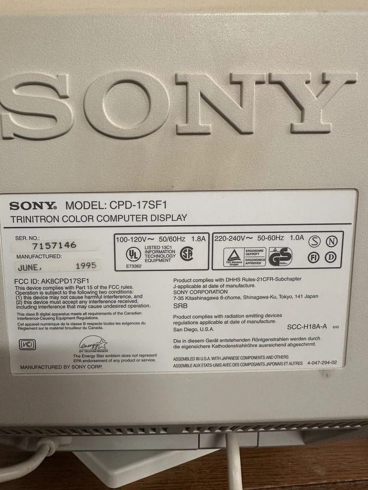 Vintage Sony Trinitron Multiscan 17sf Monitor CPD-17sf1 - Image 4 of 4