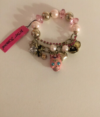 Betsey Johnson Viva La Betsey Pink Sugar Skull, Hearts Stretch BraceletRARE NWT