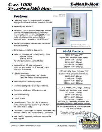 E-MON Independiente Clase 1000, 200 amperios, A/C kWh MeterE-Con Serie Modelo 3208200 - Imagen 9 de 10