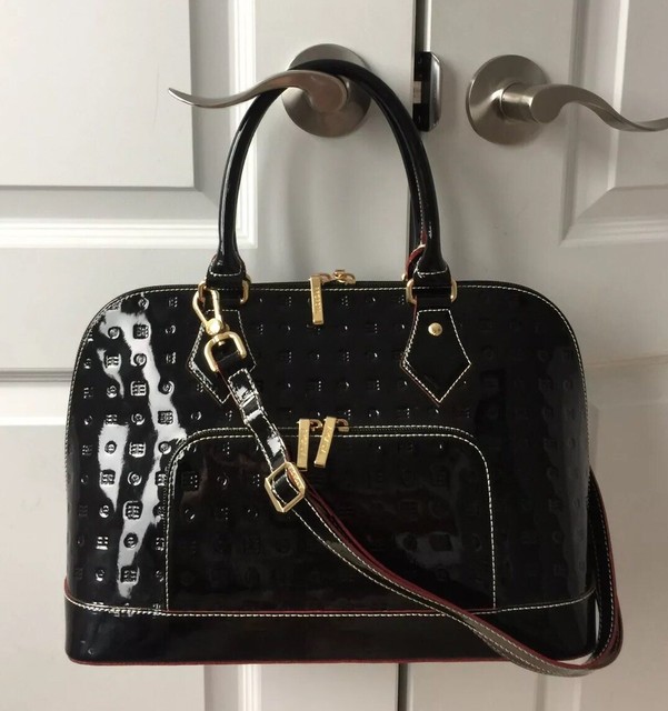 arcadia black patent leather purse