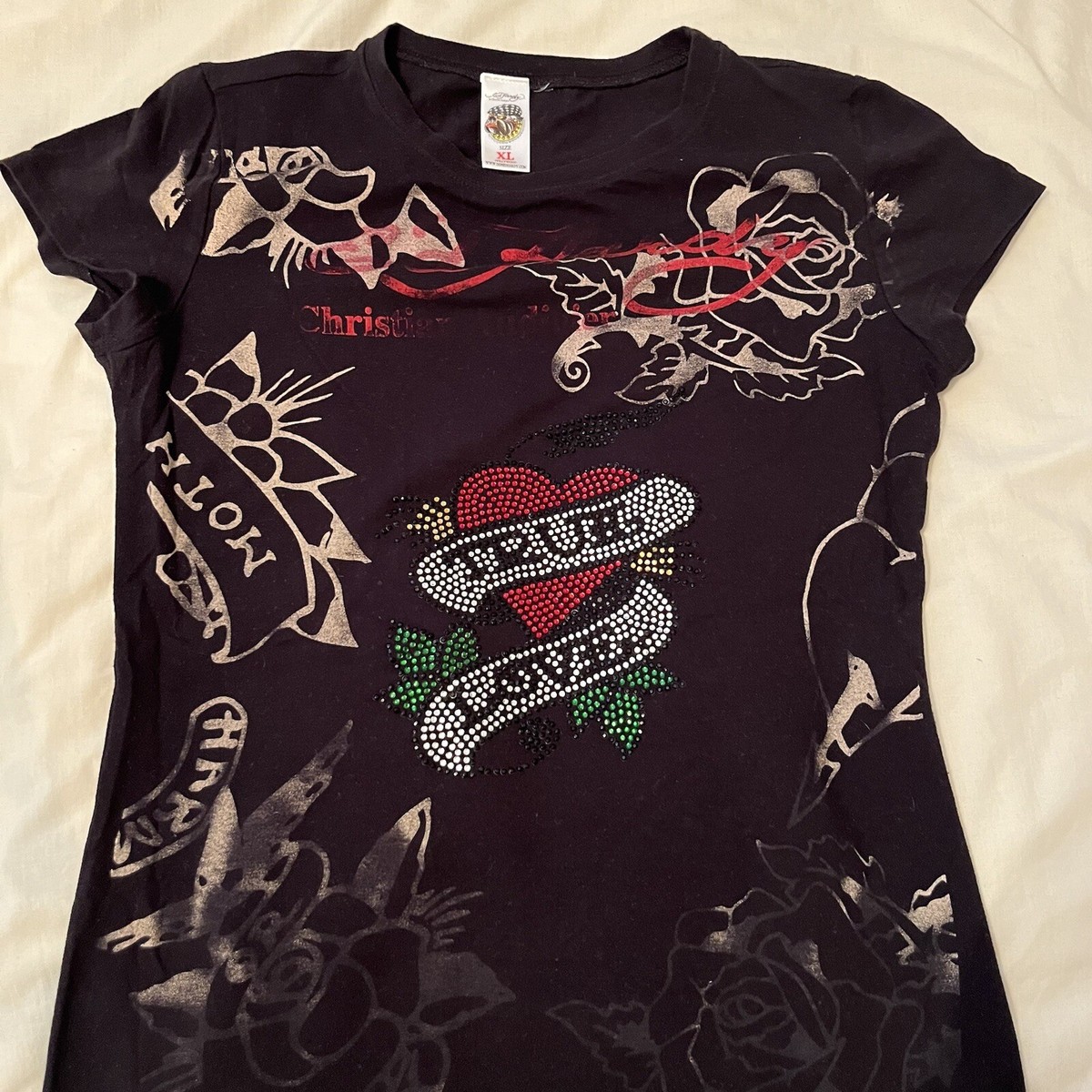 Has Flaws) Ed Hardy True Love Gem Top Womens Slim Fit XL T Shirt