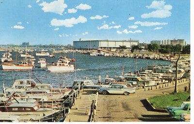 Vintage Postcard IL Chicago Burnham Park Yacht Harbor Boats 50s Car-562