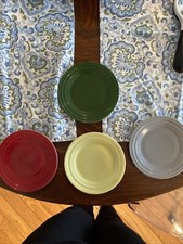 Vintage HAZEL ATLAS Child's Tea Set 4 Plates Red,green,yellow,gray 5 Inches EUC