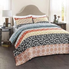 Bohemian Stripe Reversible Cotton Quilt Set, 3 Piece King Turquoise  Orange