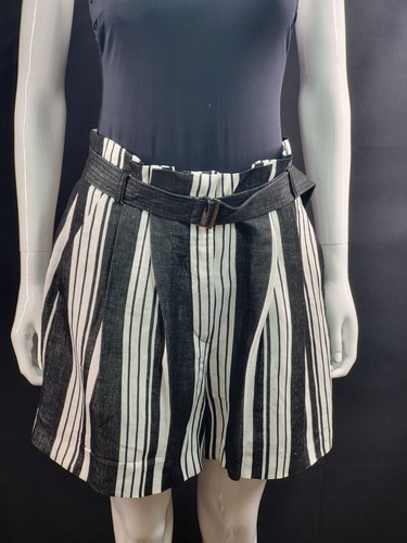 Karen Millen schwarz weiß gestreift Leinen Viskose Mix Shorts Gürtel UK 12 EU 40 Hols
