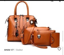 Ensemble sac à main femme marron faux cuir bandoulière + pochette zip pompon