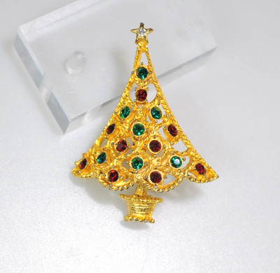Eisenberg Ice Vintage Christmas Tree Pin Brooch Gold Tone Red Green Signed ME4