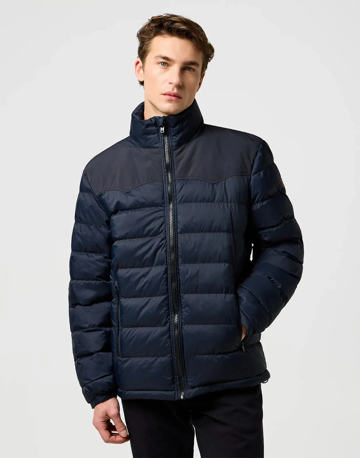 Wrangler Packable Puffer Jacket Mens Medium High Neck Full Zip - Navy Black
