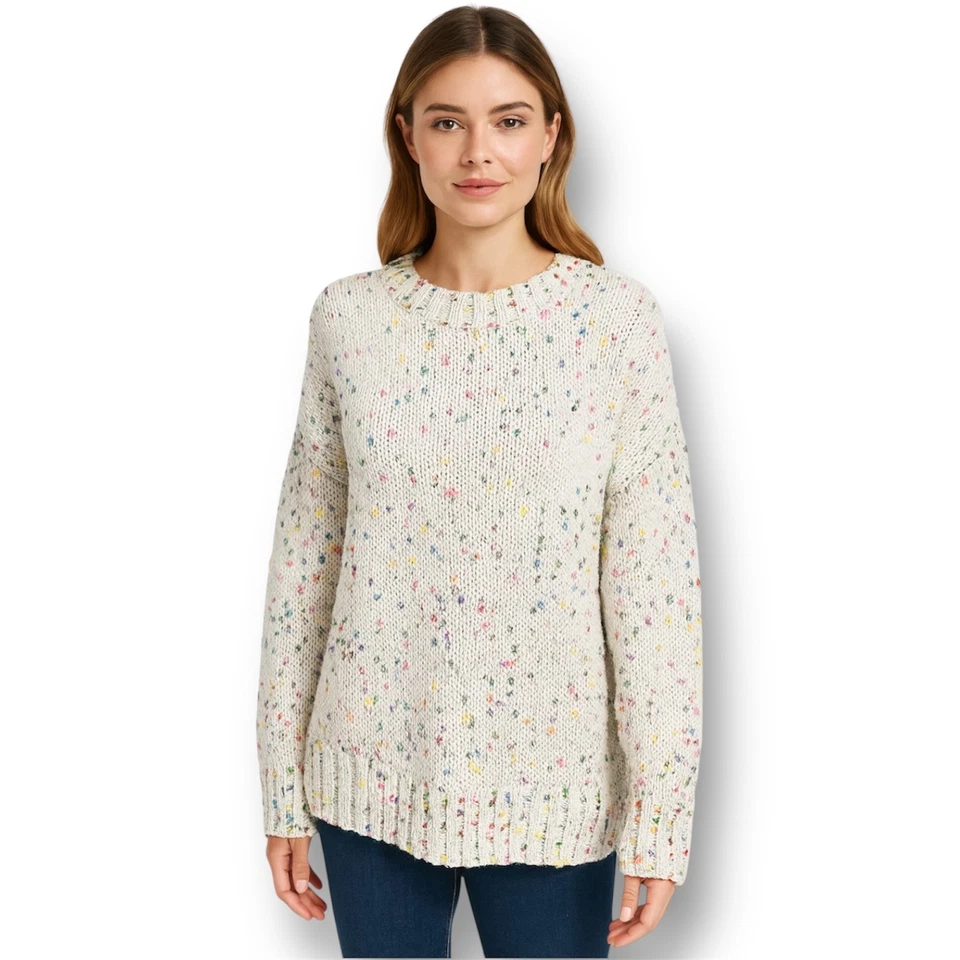 Suéter Seven7 Beige Confeti Grueso Tejido Cuello Redondo Academia Preppy Talla Grande Foto 4 de 4