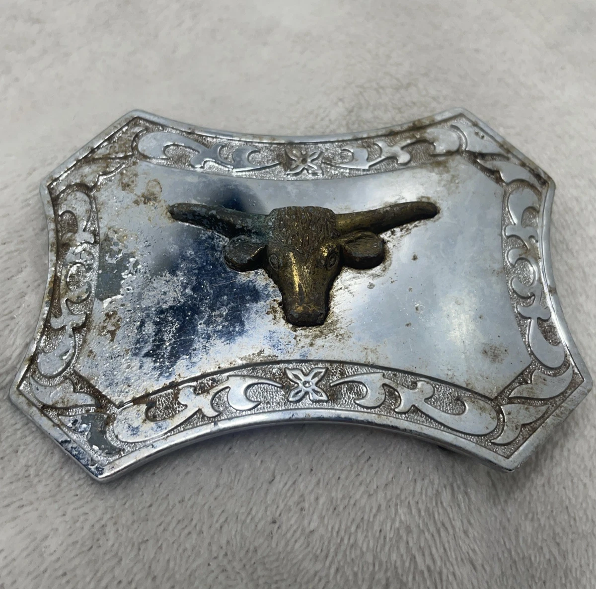 Vintage silver oversized western longhorn bull star horseshoe belt buckle Longhorn Bull Star Silver Tone Metal Large Belt Buckle  main image 4