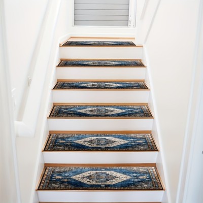 Blue Golden Vintage Pattern Stair Treads, Soft and Durable, Machine Washable a