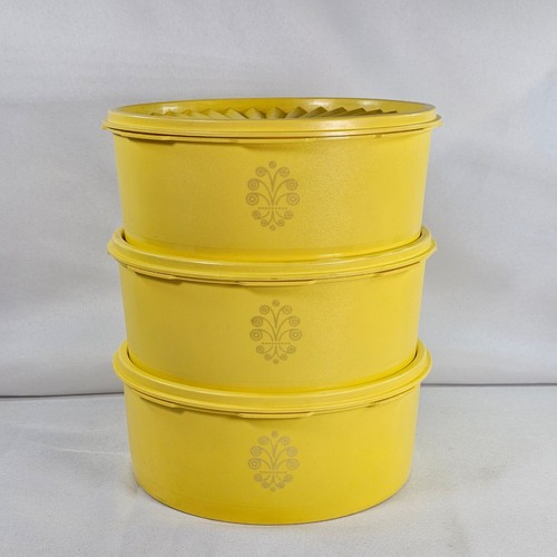 Vintage Tupperware Yellow Servalier Canisters Set of 3 Sunburst Lids 1204-2 USA