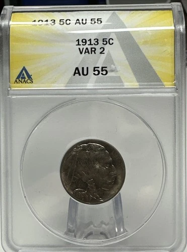 1913 ANACS AU55 VAR 2 Buffalo Nickel Slight Rotated Die