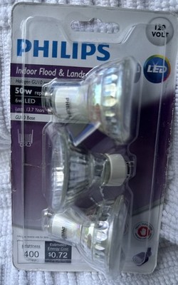 Philips 50W 6W GU10 Base LED Indoor, Floodlight, Landscape 3 Light Bulbs 120 V