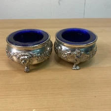 Antique Vintage Salt Cellar Lion Head Mermaid Silver Cobalt Blue Glass Pair of 2