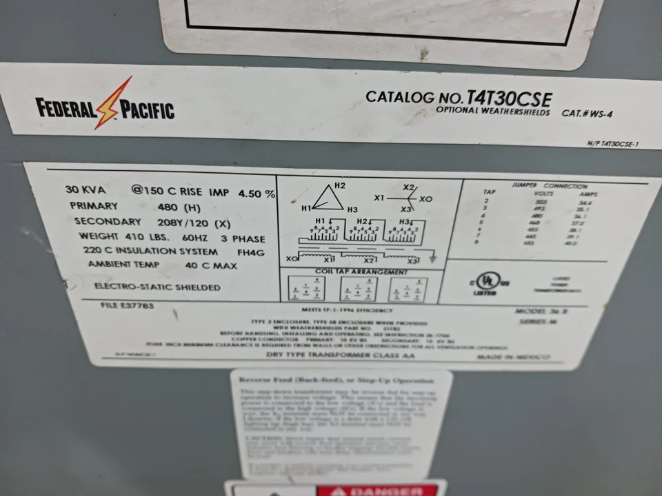 Transformador trifásico FPE 30 Kva 480 Delta HV ▲208y/120 Wye LV T4T30CSE Foto 2 de 4