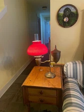 ANTIQUE SINGLE BRASS ELECTRIFIED STUDENT LAMP 10" SHADE RINGEM DUPLEX