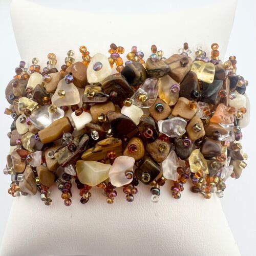 Large Chunky Chip Earth Tones Multicolor Gemstone Handmade Beaded Cuff Bracelet
