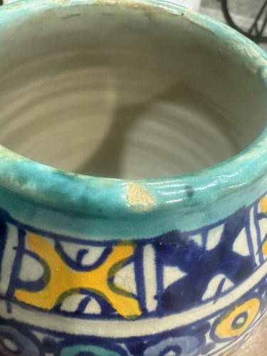 Jarrón de cerámica Marruecos azul amarillo blanco firmado índigo cobalto de colección principios del siglo XX - Imagen 8 de 10